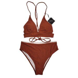 Zaful Rust Textured Bikini Set Lace Trim High-Waisted Bottoms Tie-Back Top Size